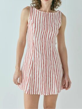 VRG GRL 100% Linen Red Stripe Mini Dress Open Back Tie Size 12 Coastal Summer